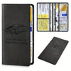 A black faux leather document organizer with a clear sleeve and a separate wallet-style holder.