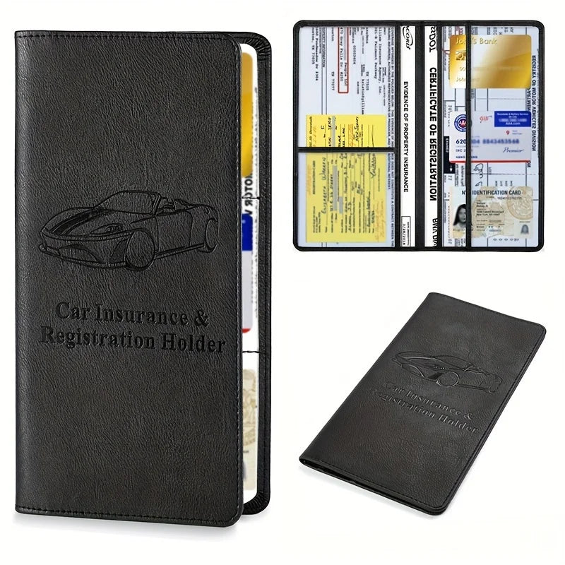 A black faux leather document organizer with a clear sleeve and a separate wallet-style holder.