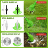 Set of plastic and steel blades and a circular saw disc for a cordless electric lawn mower and string trimmer