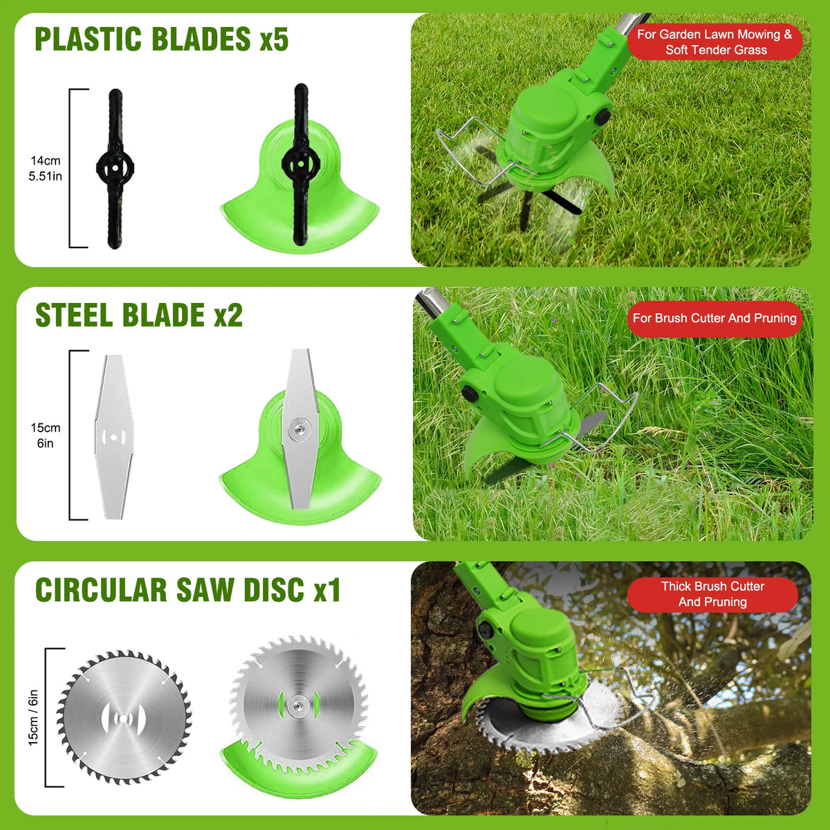 Set of plastic and steel blades and a circular saw disc for a cordless electric lawn mower and string trimmer