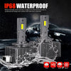 Two IP68 waterproof LED headlight bulbs are shown in a wet environment with rain and snow effects.
