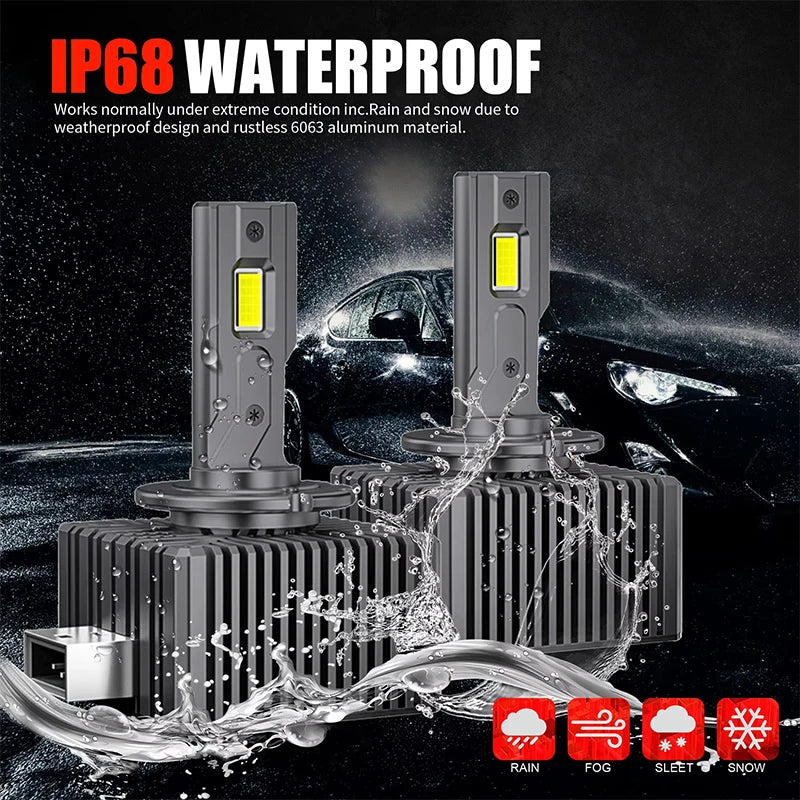 Two IP68 waterproof LED headlight bulbs are shown in a wet environment with rain and snow effects.