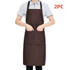 Two solid brown adjustable kitchen aprons with pockets shown being worn by a person.