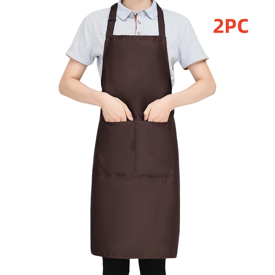 Two solid brown adjustable kitchen aprons with pockets shown being worn by a person.