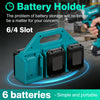 A teal battery holder organizer designed to store six Makita power tool batteries.
