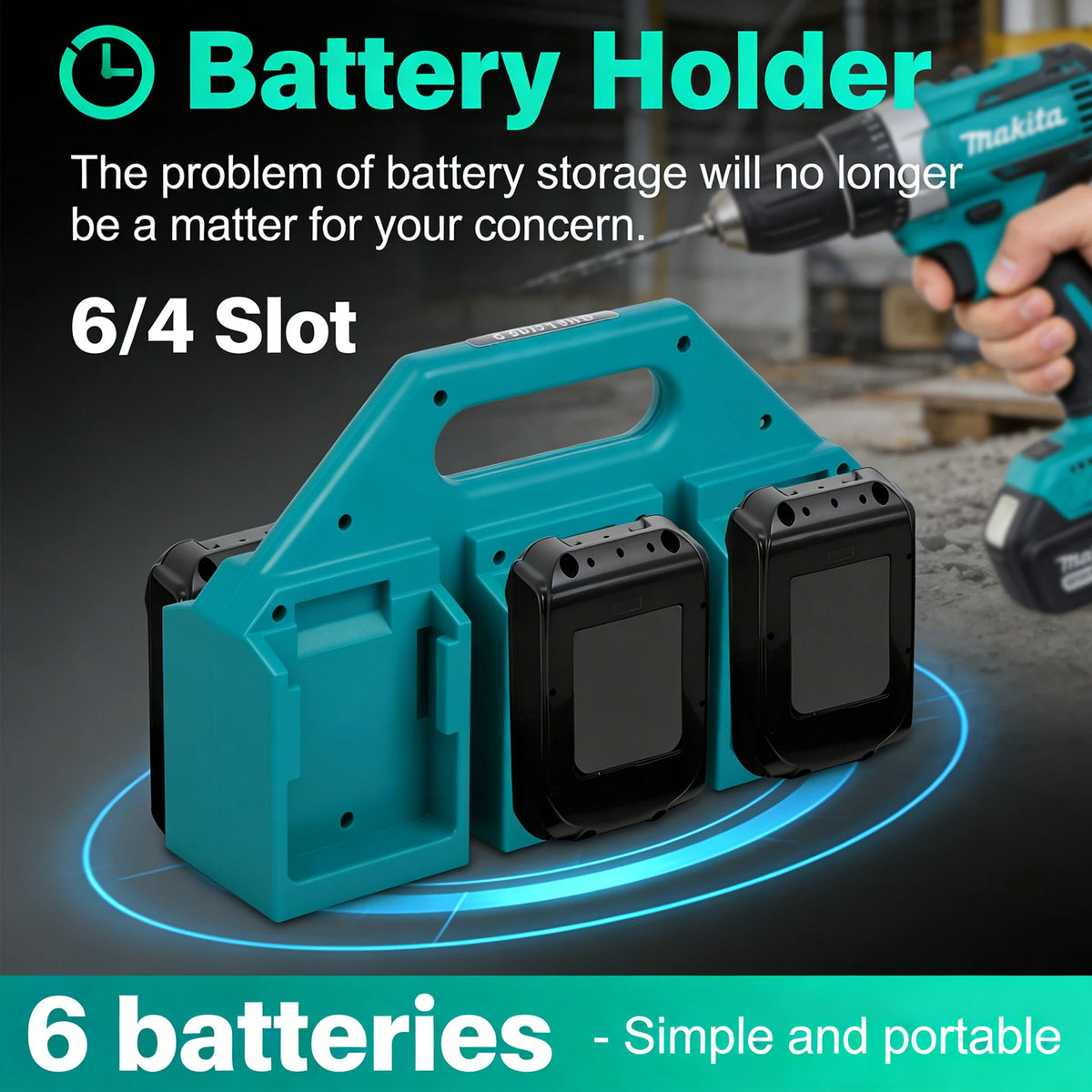 A teal battery holder organizer designed to store six Makita power tool batteries.