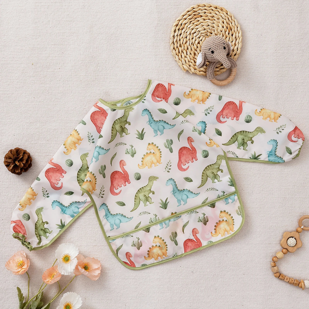 Waterproof Long-Sleeve Baby Bibs with Catch-All Pockets
