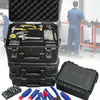A portable hard shell toolbox is shown open, displaying various tools and accessories, alongside several hand tools.