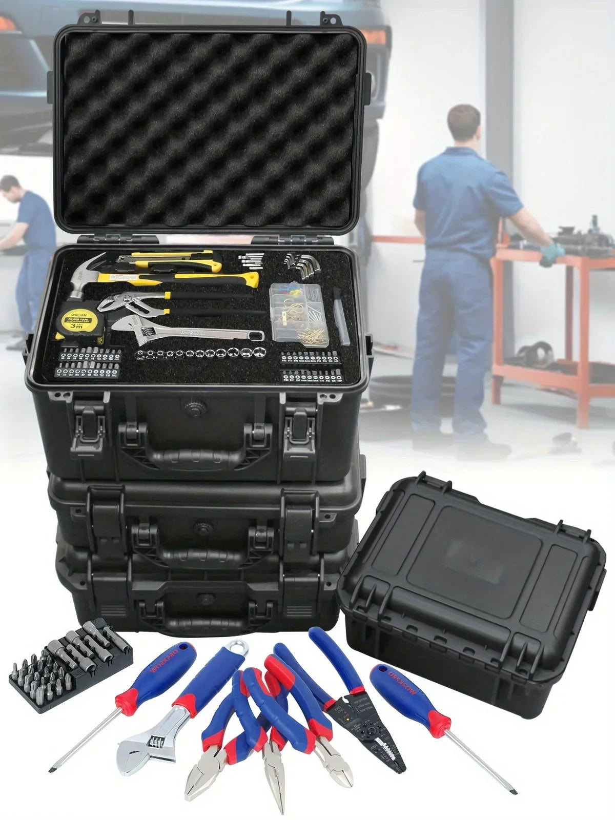 A portable hard shell toolbox is shown open, displaying various tools and accessories, alongside several hand tools.