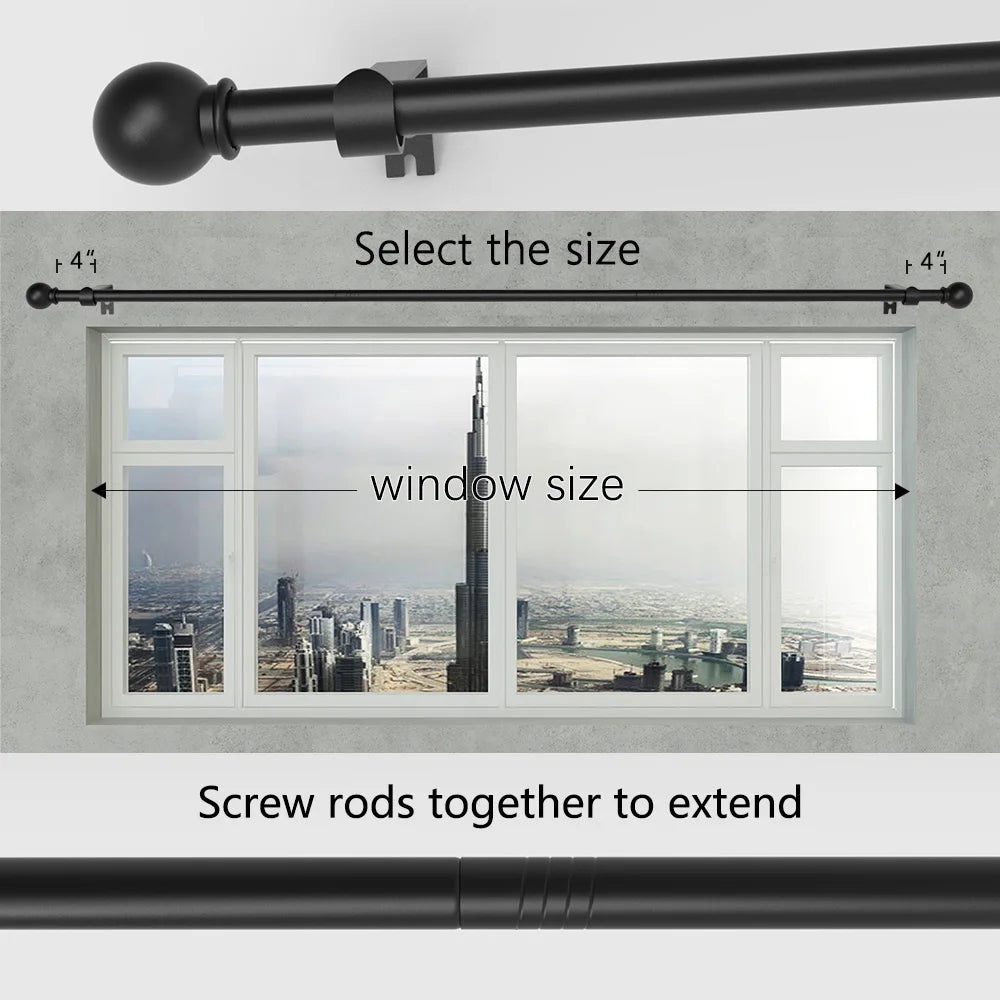 A black iron curtain rod with ball finials is shown being selected and screwed together to extend.