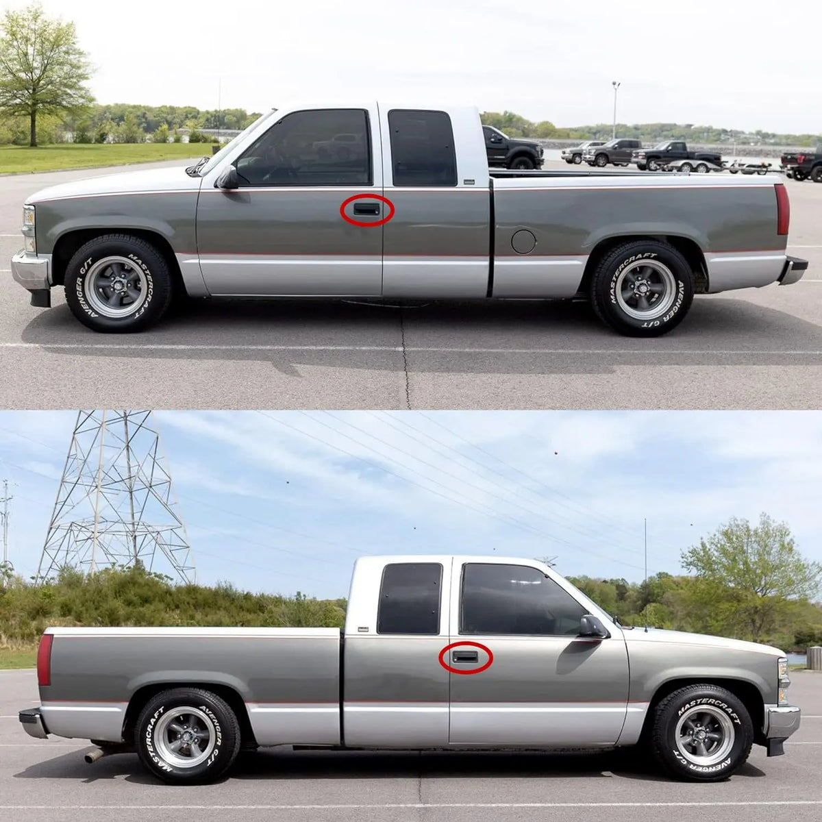 A silver pickup truck with a red circle highlighting the front exterior door handles.