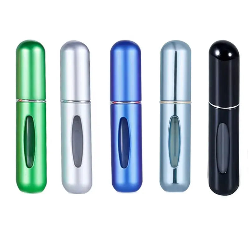 A set of five travel-friendly refillable perfume spray bottles in various colors including green, silver, blue, and black.