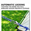 A close-up of a blue reflective nylon rope with an automatic locking mechanism being used to tighten a connection.