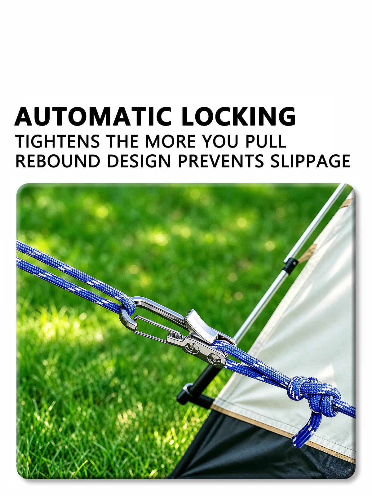 A close-up of a blue reflective nylon rope with an automatic locking mechanism being used to tighten a connection.