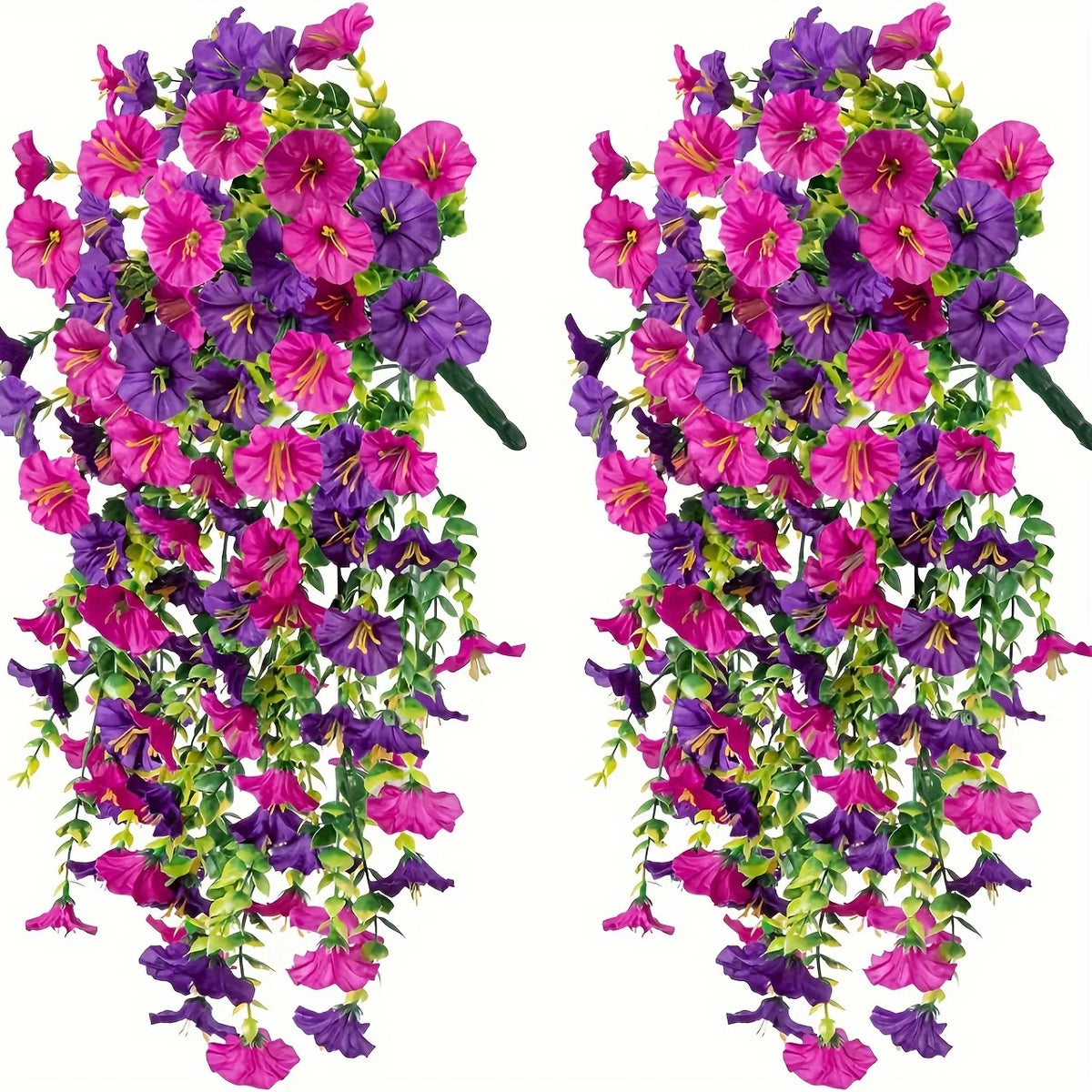 Una vibrante planta artificial con vides de flores moradas y rosas y hojas de eucalipto verde.
