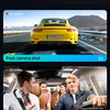 A series of shots showing a yellow sports car driving, an in-car interior shot with people, and a post camera shot.