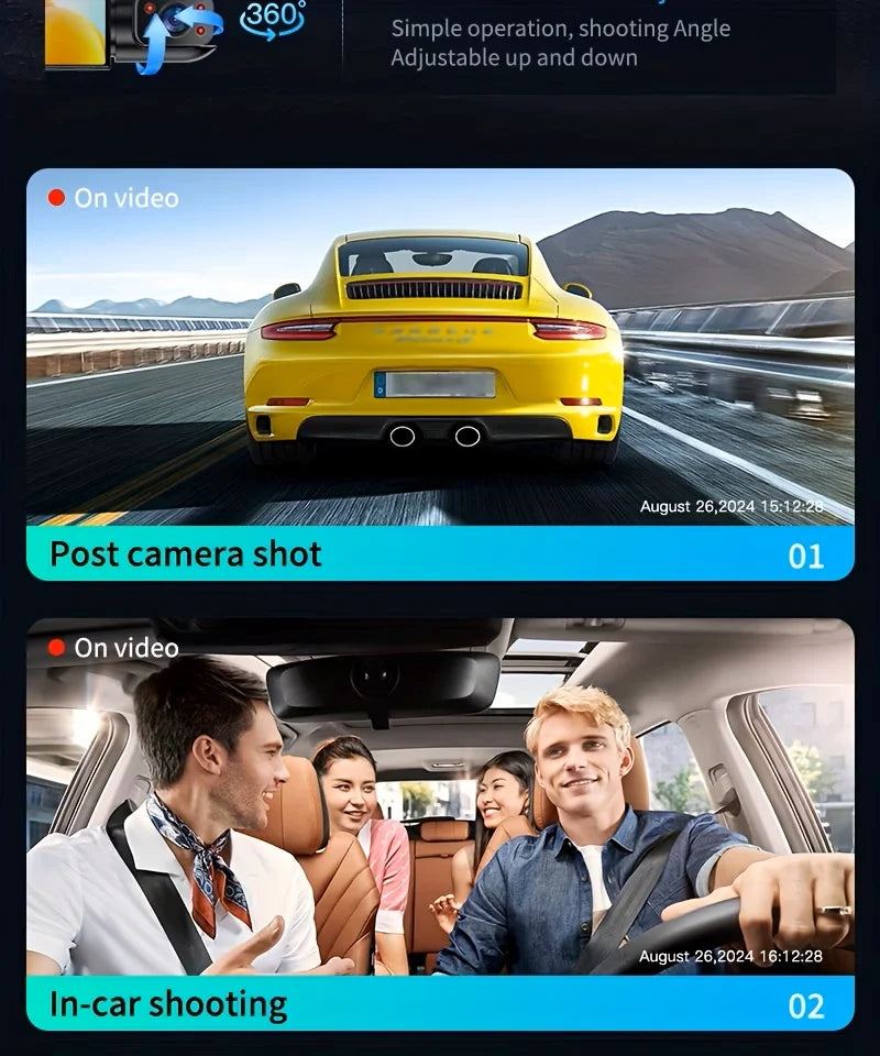 A series of shots showing a yellow sports car driving, an in-car interior shot with people, and a post camera shot.