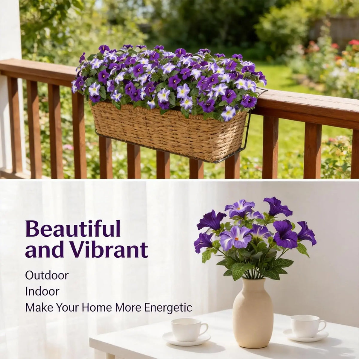 ترتيب من زهور البتونيا الصناعية باللونين البنفسجي والأبيض في أصيص على درابزين خشبي.