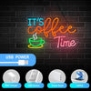 Neon sign with the text It's Coffee Time and a steaming cup, powered by a USB cable.