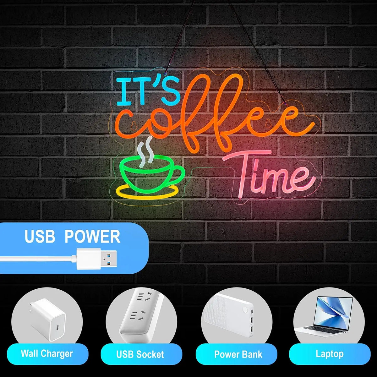Neon sign with the text It's Coffee Time and a steaming cup, powered by a USB cable.