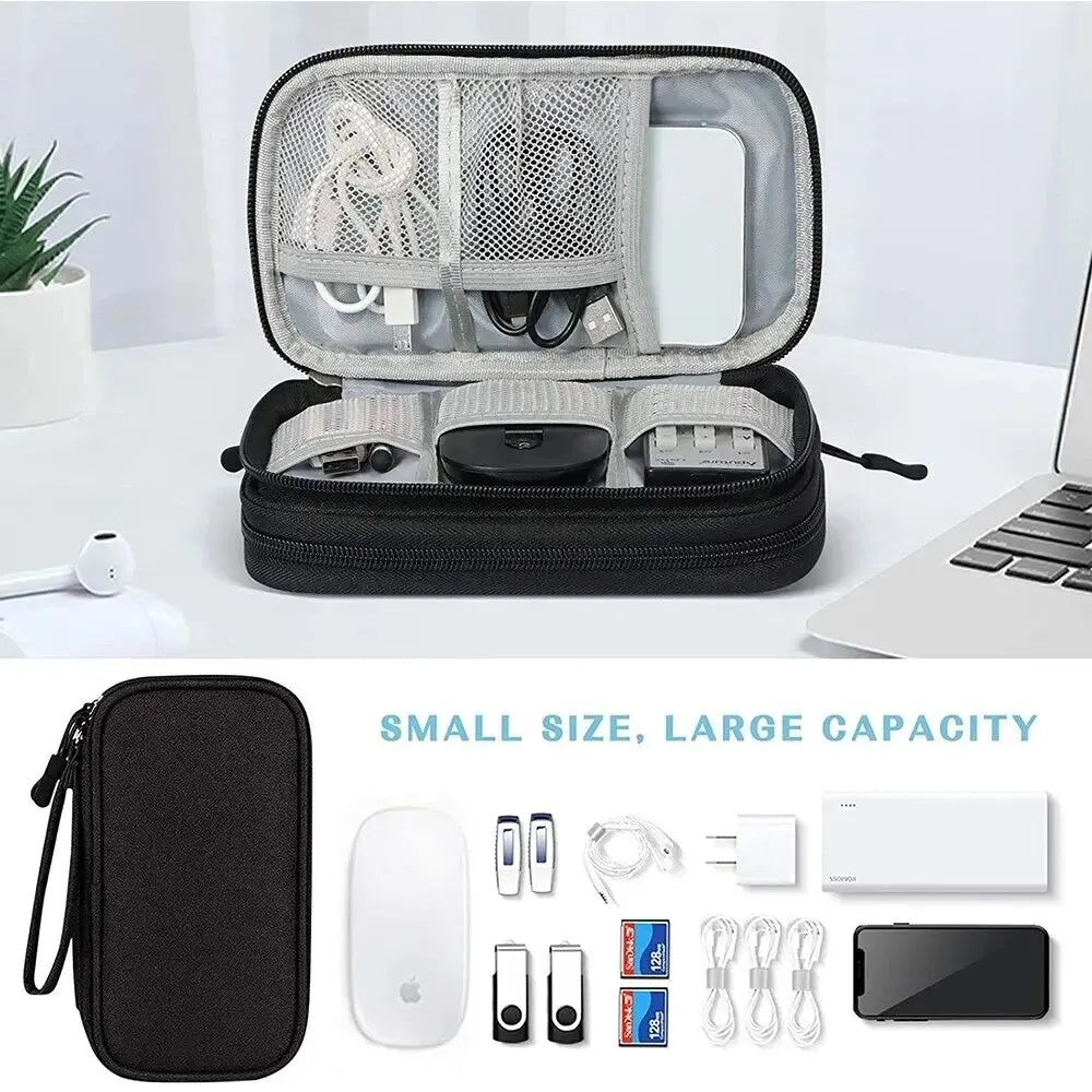 A black waterproof double-layer travel organizer case showing various cables and accessories inside.