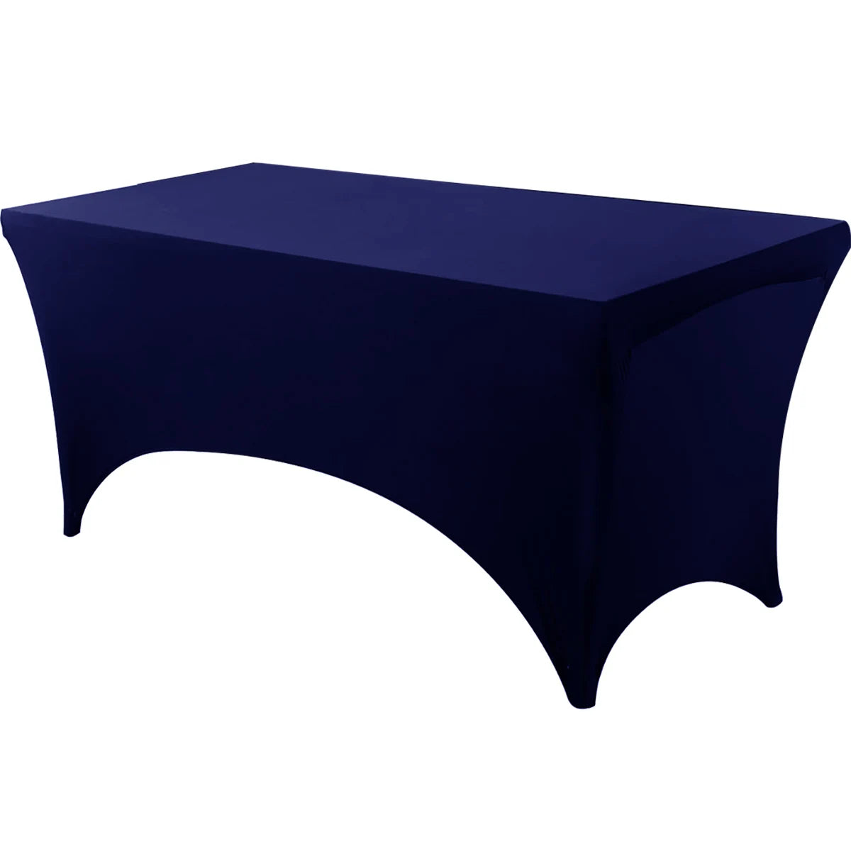 A dark navy blue stretchable spandex tablecloth covering a rectangular table.