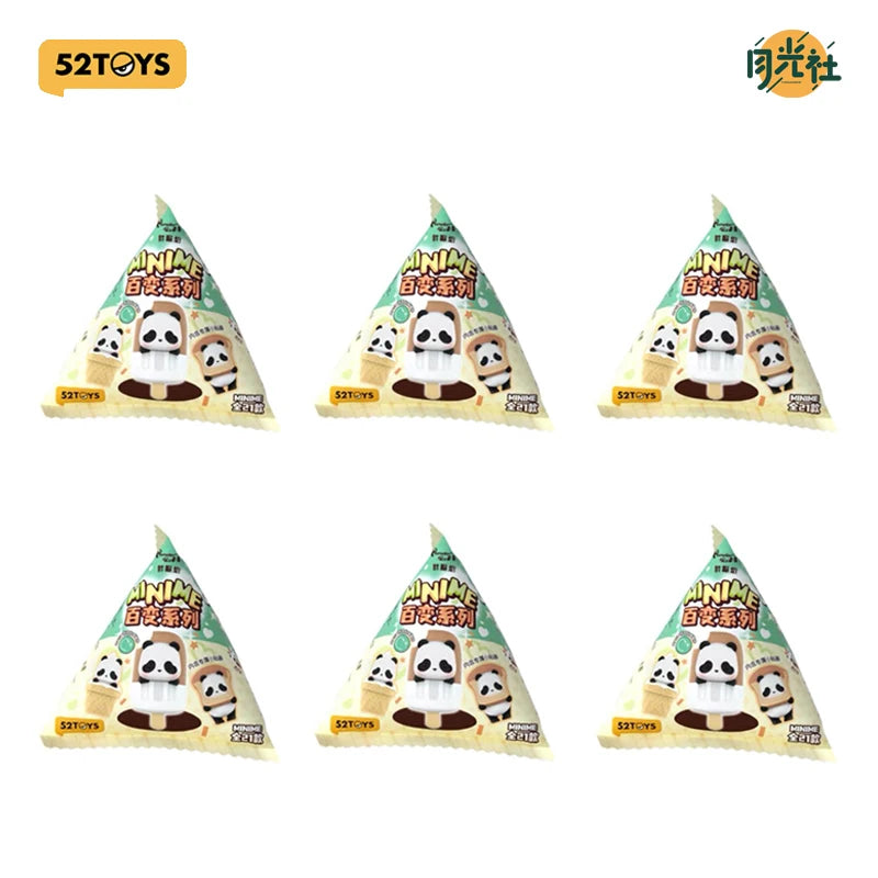 A set of six blind box panda figures packaged in triangular cardboard displays.