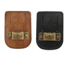 A pair of brown leather tape measure holders with gold-toned metal belt clips.