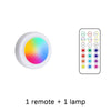 An RGB LED under cabinet light and its remote control with various color options.