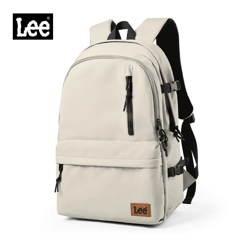A beige Lee ultralight water-resistant laptop backpack shown from the back.