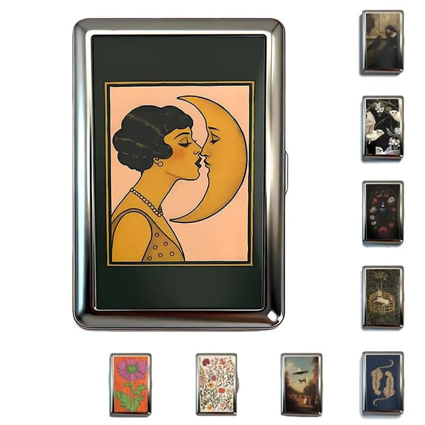 A vintage snap card holder featuring a gold-toned illustration of two profiles kissing against a peach background.