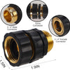 A black and gold quick connector set for a 3/4-inch garden hose, showing various connection types.