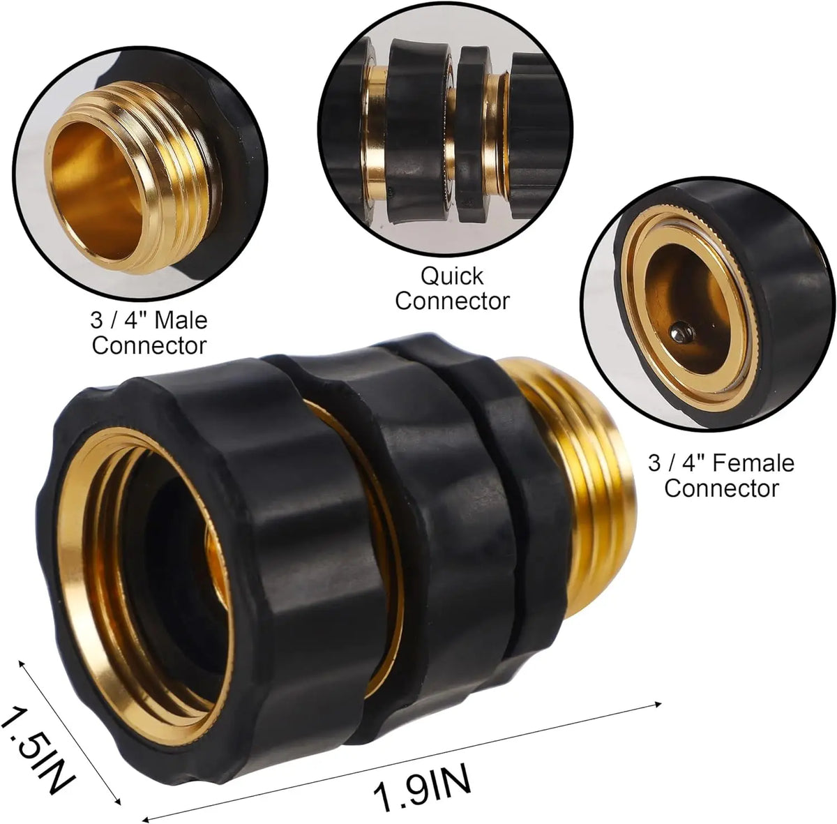 A black and gold quick connector set for a 3/4-inch garden hose, showing various connection types.