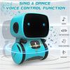 A blue robot toy with a screen and speakers is shown, demonstrating sing and dance voice control functions.