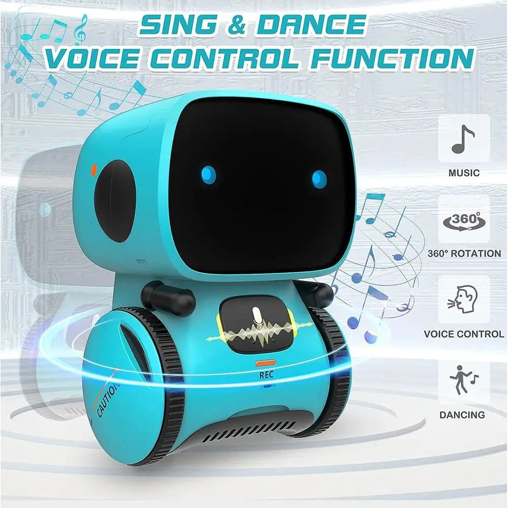 A blue robot toy with a screen and speakers is shown, demonstrating sing and dance voice control functions.
