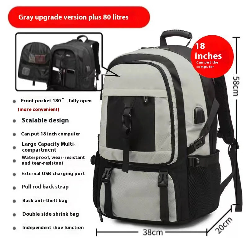 Gray upgrade version plus 80 liters backpack with front pocket and shoe compartment features