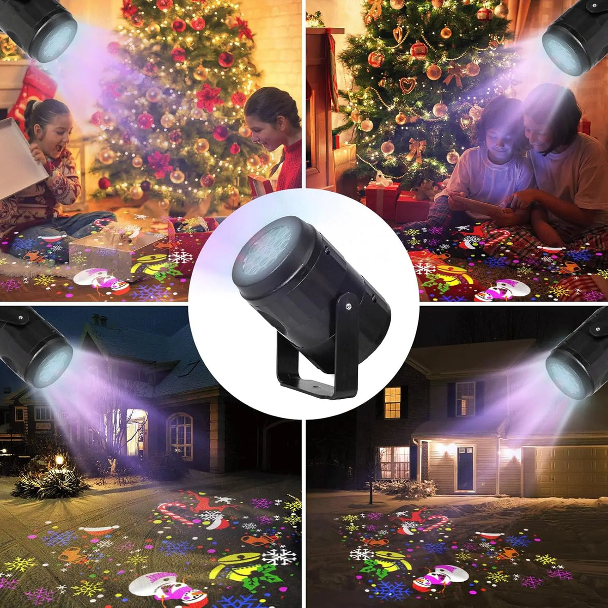 A rotating Christmas projector light casting colorful festive patterns onto a ground surface.