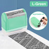 A green roller identity protection stamp is shown next to a sheet of confidential paper.