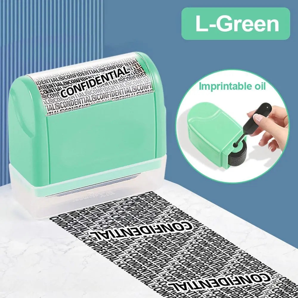 A green roller identity protection stamp is shown next to a sheet of confidential paper.