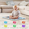 A baby is sitting on an inflatable play mat for tummy time development with various developmental benefits listed below.