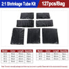 A set of heat shrink tubing kits showing various lengths and quantities of black plastic tubing.