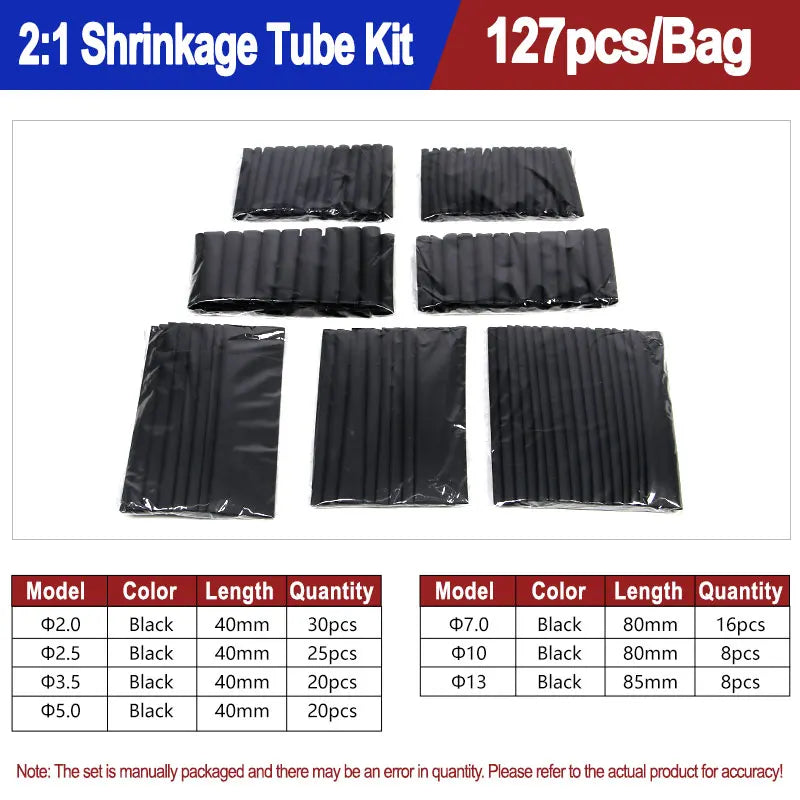 A set of heat shrink tubing kits showing various lengths and quantities of black plastic tubing.