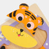 A wooden puzzle set featuring cartoon animals like a tiger and a dog, used for Montessori learning.