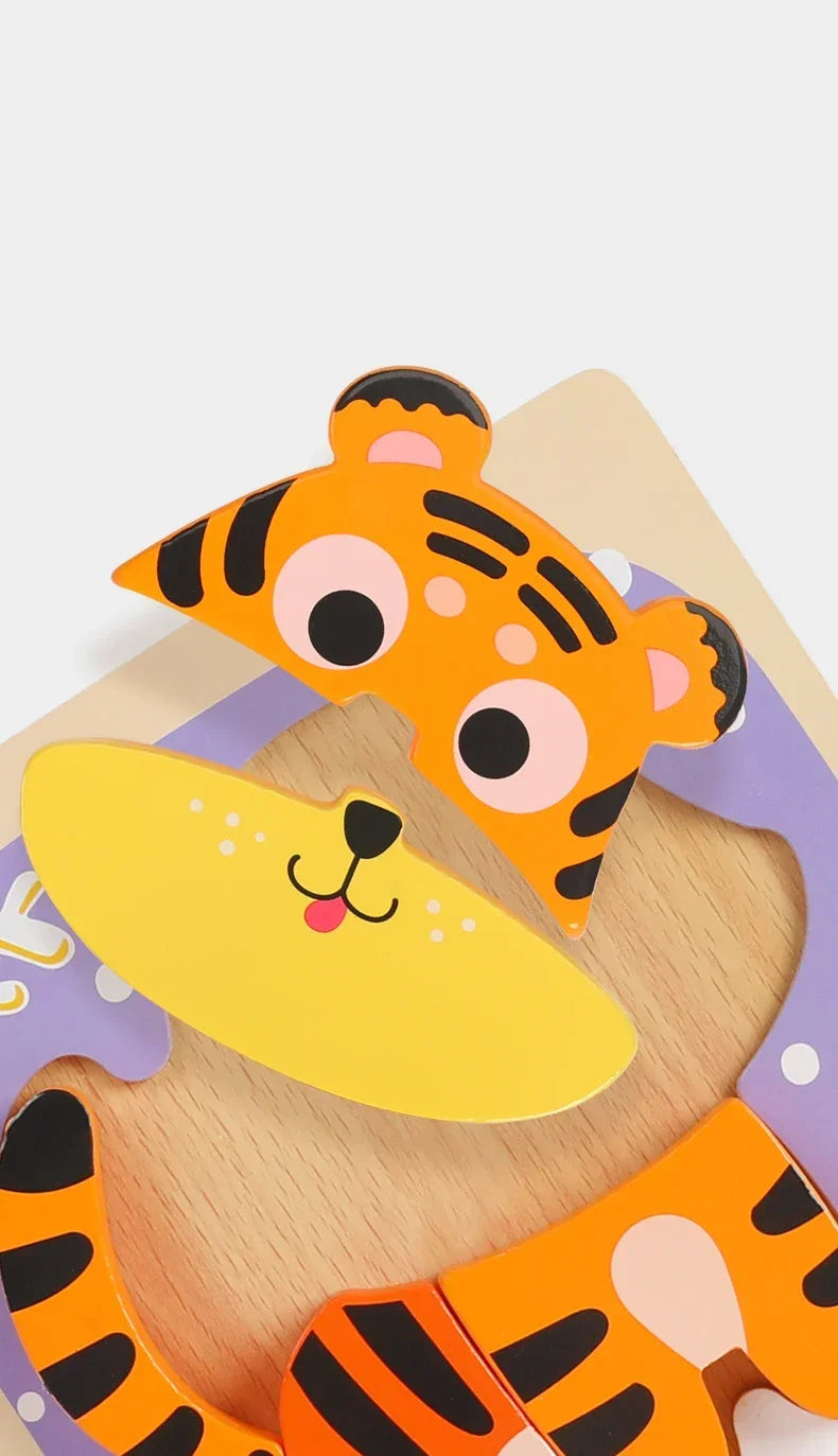 A wooden puzzle set featuring cartoon animals like a tiger and a dog, used for Montessori learning.