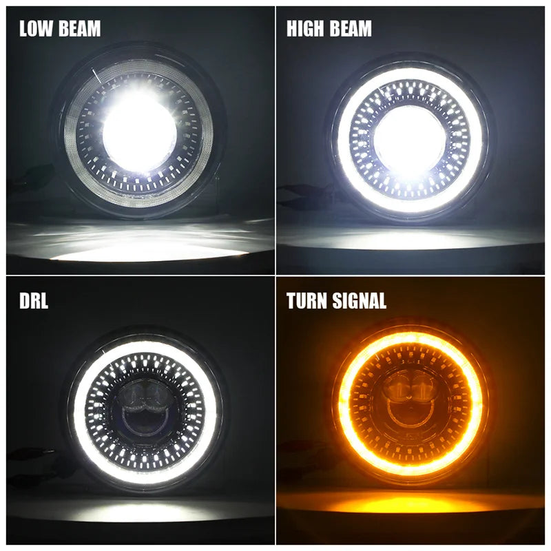 Four views of a 7-inch round LED headlight showing low beam, high beam, DRL, and turn signal functions.