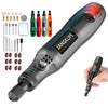 A cordless rotary tool kit for precision engraving, sanding, and drilling, showing various bits and the main tool.