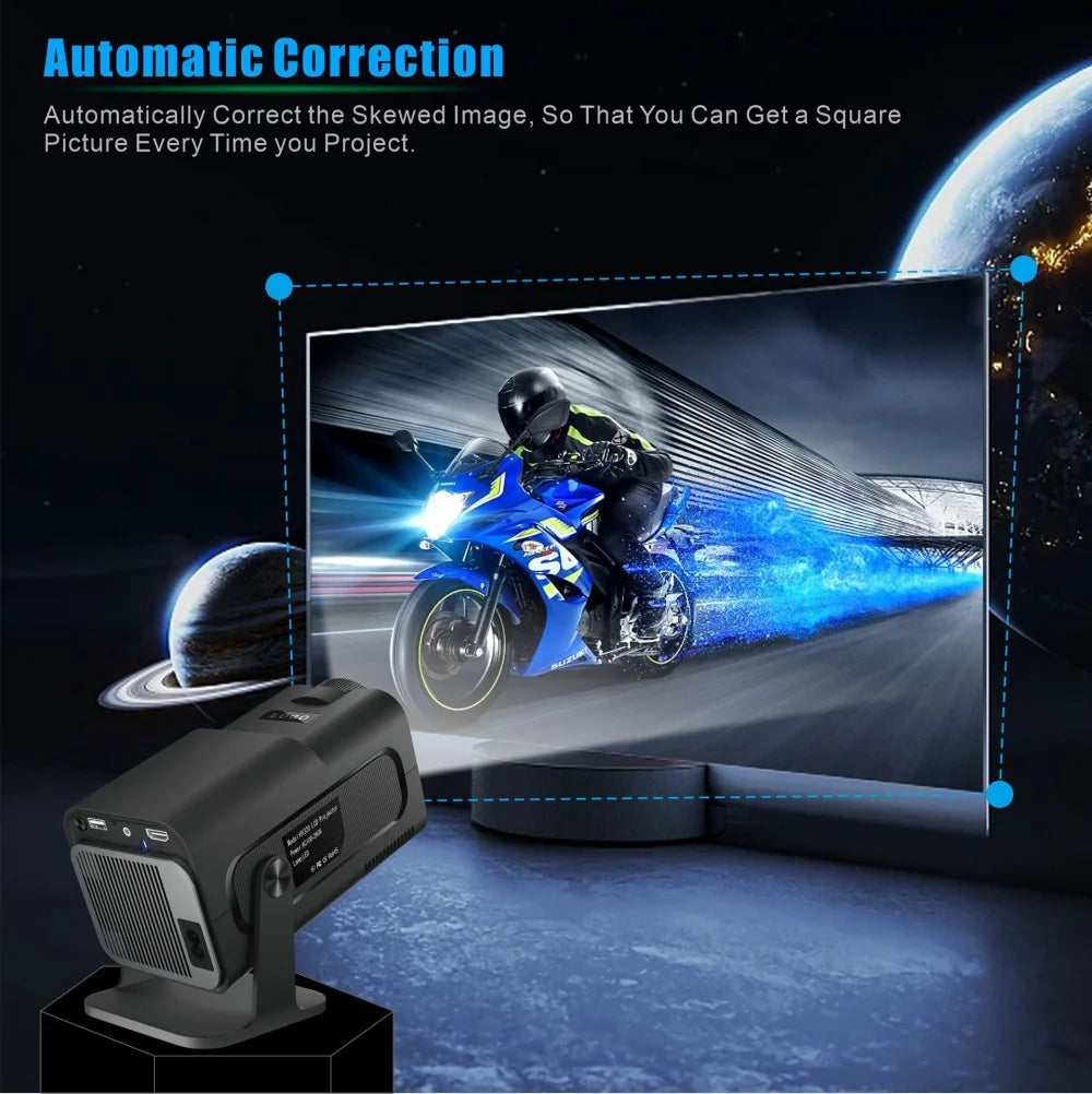 A portable projector is displaying a corrected image of a motorcycle on a screen.