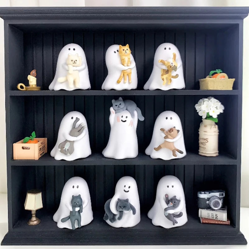 A display of various white ghost-shaped figurines depicting cats and other animals in a dark wooden shelf.