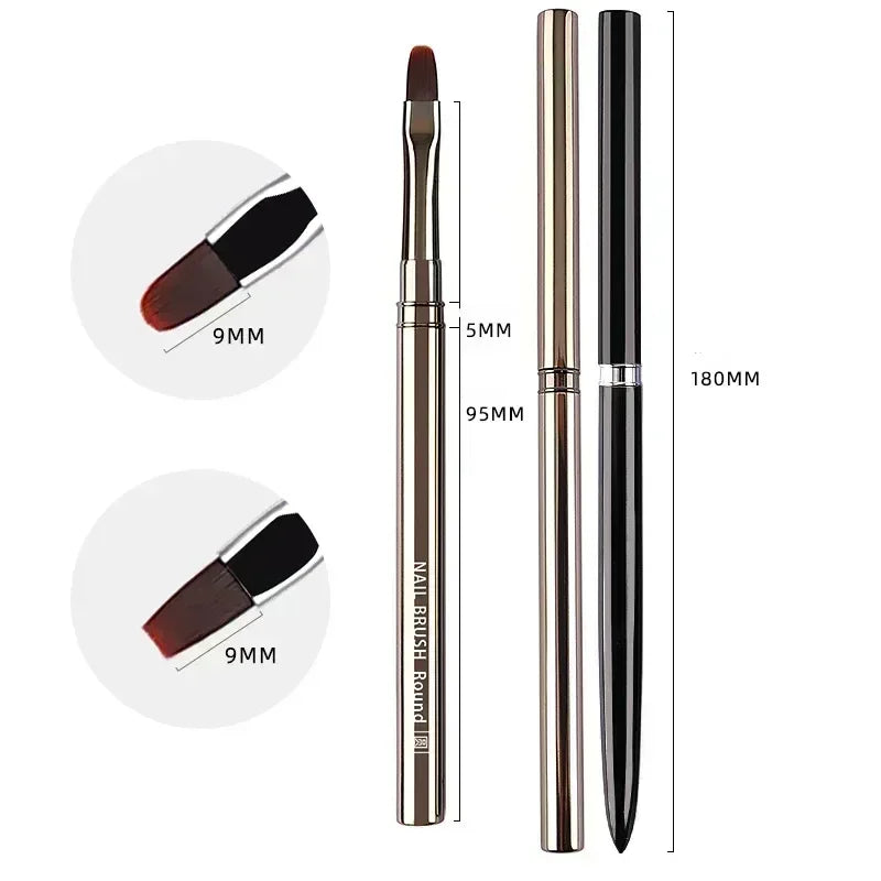 A set of precision nail art brushes shown with individual brush heads and full brush handles.