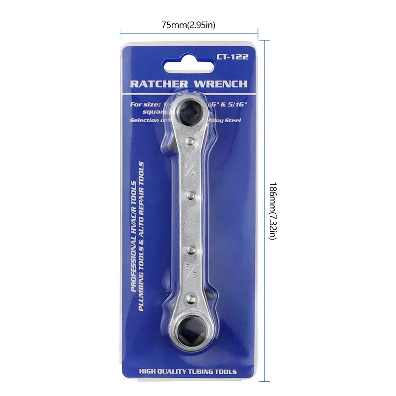 Double-Ended Ratchet Wrench for Refrigeration Valves – 4 Size Options